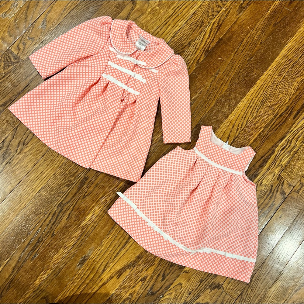 MACYS • IRIS & IVY coral pink polka dot bow dress with matching jacket 12 Months